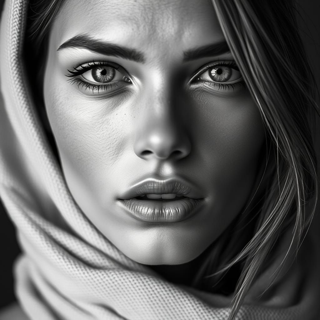 8K Black and White Supermodel Closeup in High-Fashion Photog...