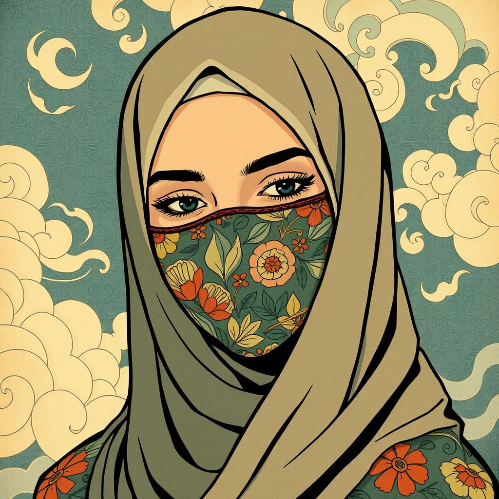Woman in Hijab, Blending Comic Art and Japanese Motifs