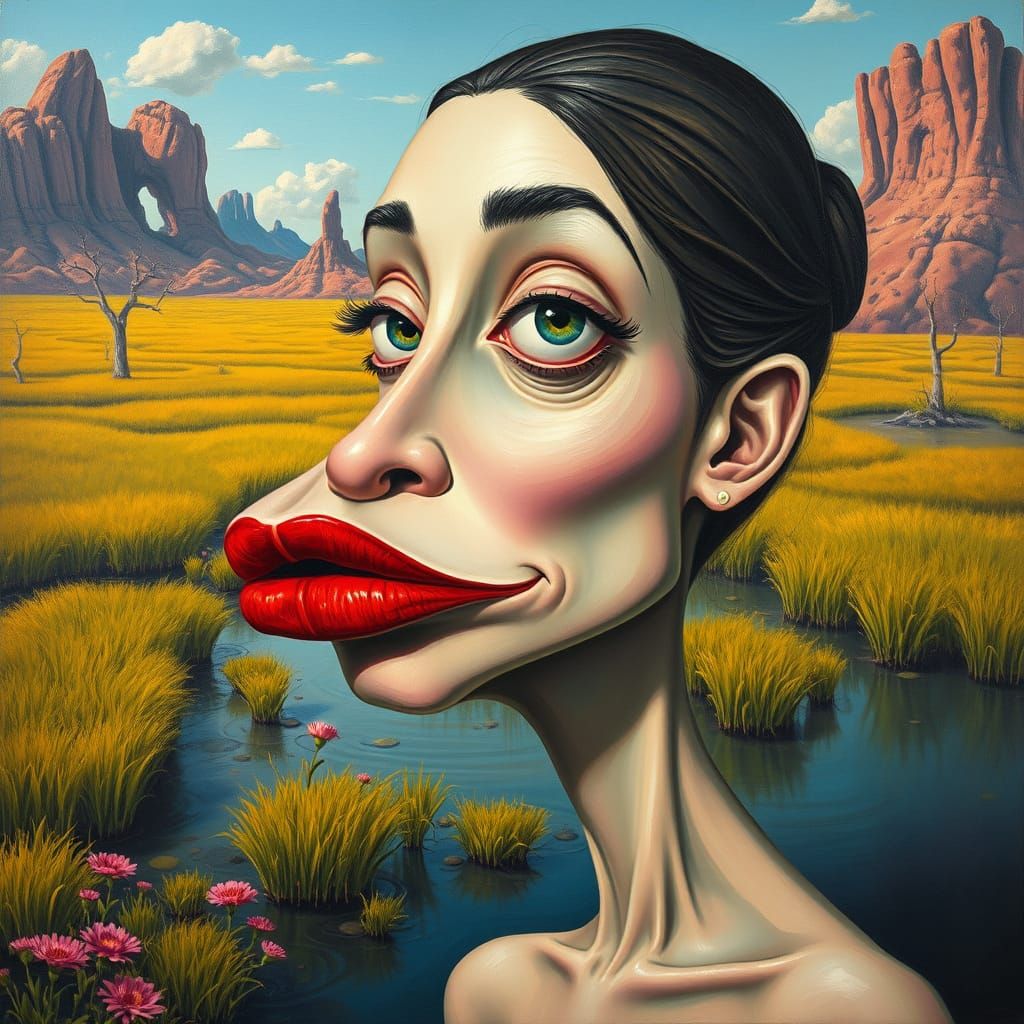Surreal Oil Painting of Caricatured Woman in Marshland
