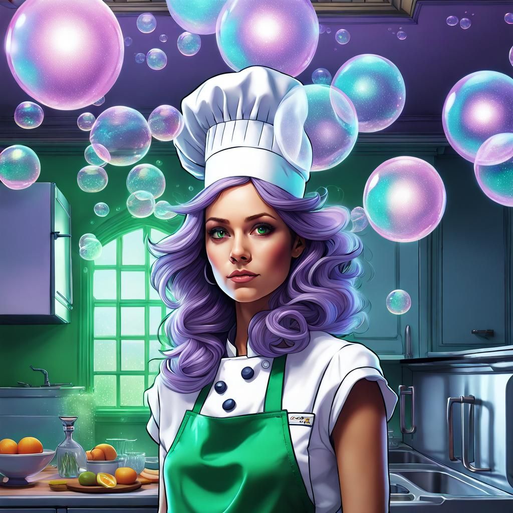 Fairy Chef Surrounded by Bubbles in Kitchen