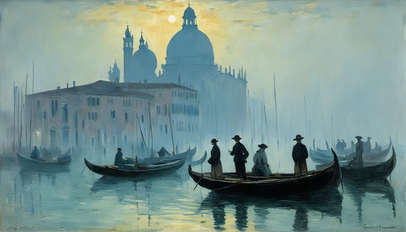 Venetian Fishermen in Misty Lagoon, Knife Painting