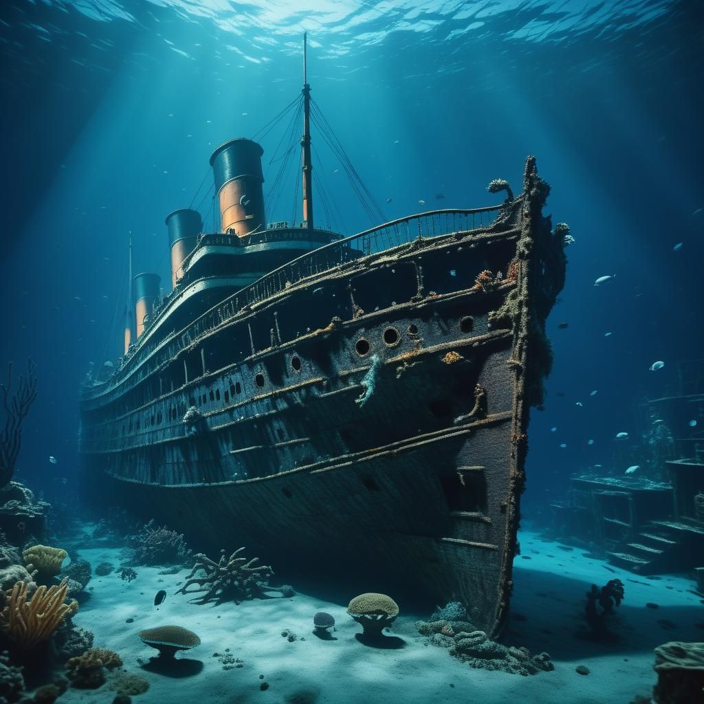 The Sunken Titanic Shipwreck at the bottom of the ocean, sha...