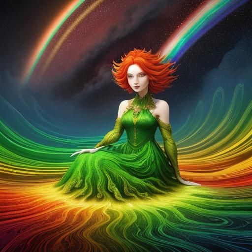 Colorful Rainbow Explosion with Girl on Cloud in Fractal Sty...