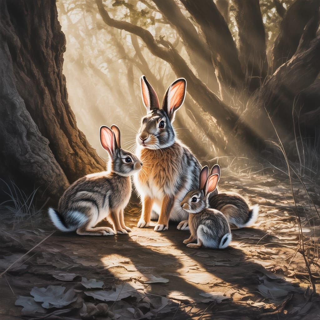Expressive Charcoal Art: Cottontail Rabbits in Enchanted For...