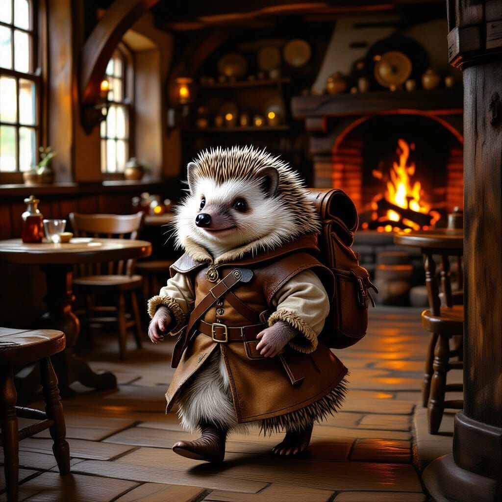 Hedgehog Traveler Enters Cozy Tavern in Old Master Style