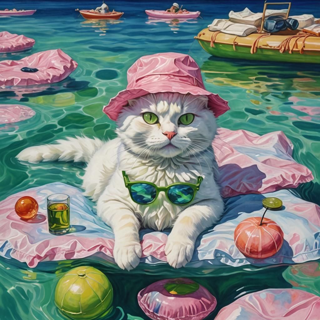 White Cat Lounging in Blue Sea as Gouache Painting