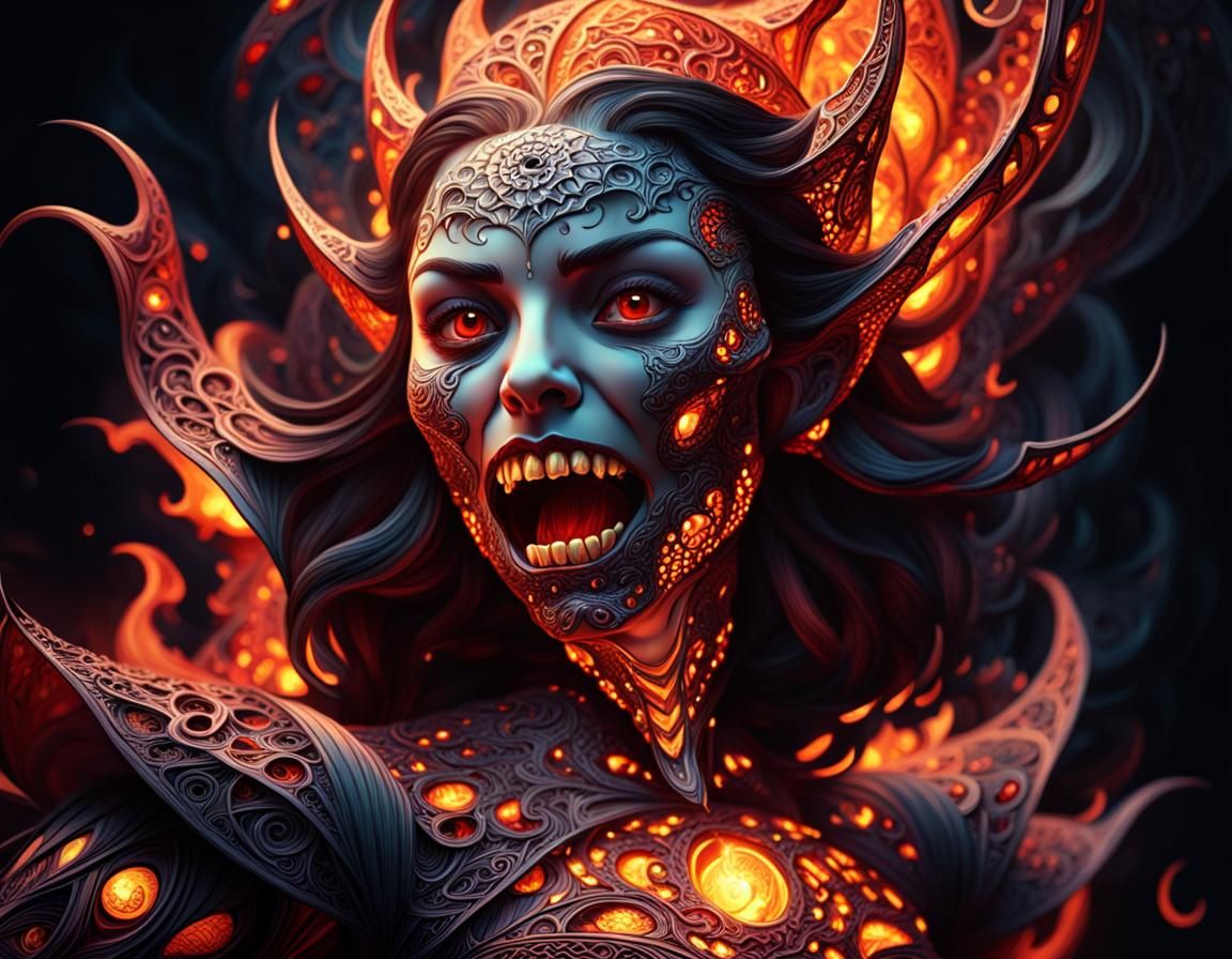The fiery vampire lady bites her victim! Super realistic, perfect, intricately detailed, dim volumetric lighting, creepy...