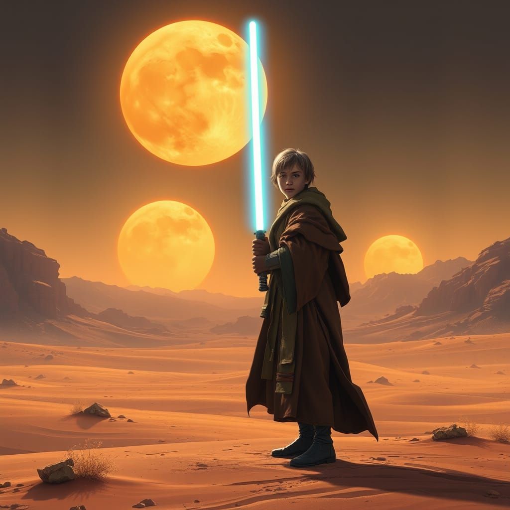 Young Padawan Stands Tall Amidst Twin Suns on Desert Planet