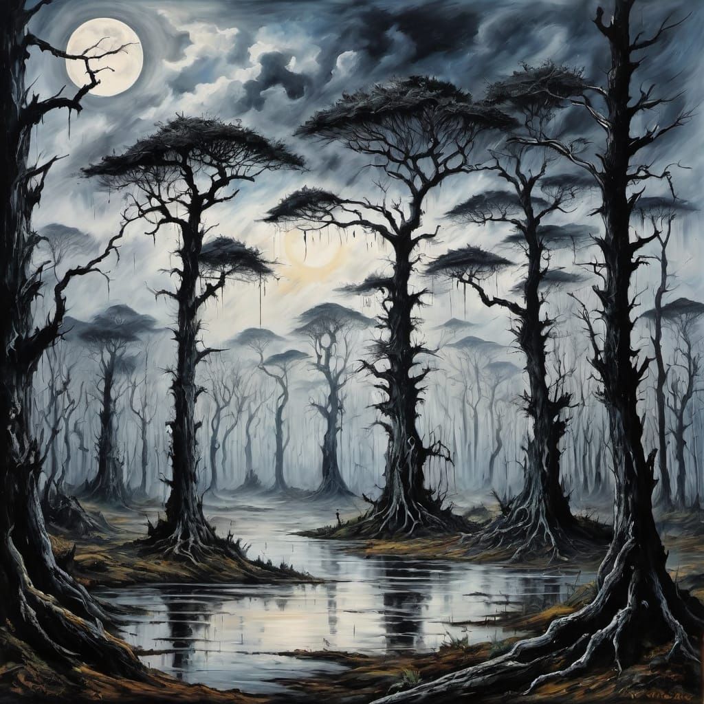 Surreal Ghost Forest Under Mysterious Clouds