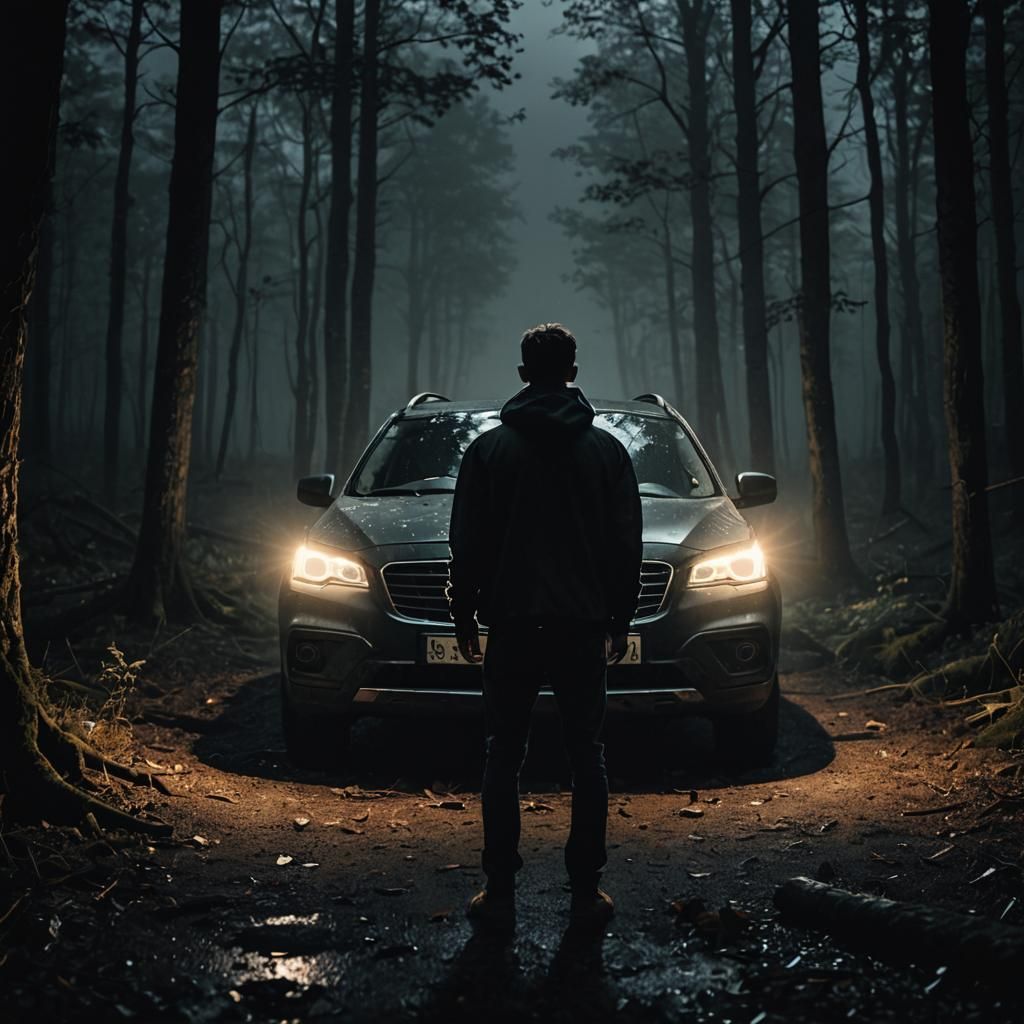 Cinematic Dark Forest Encounter at Night