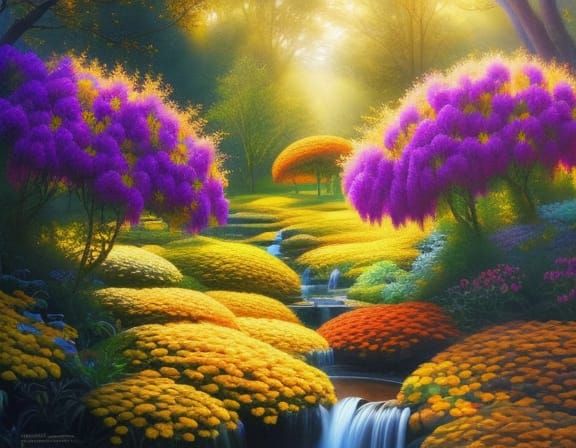 Lush Marigold Flowers in Fantasy Garden Painting