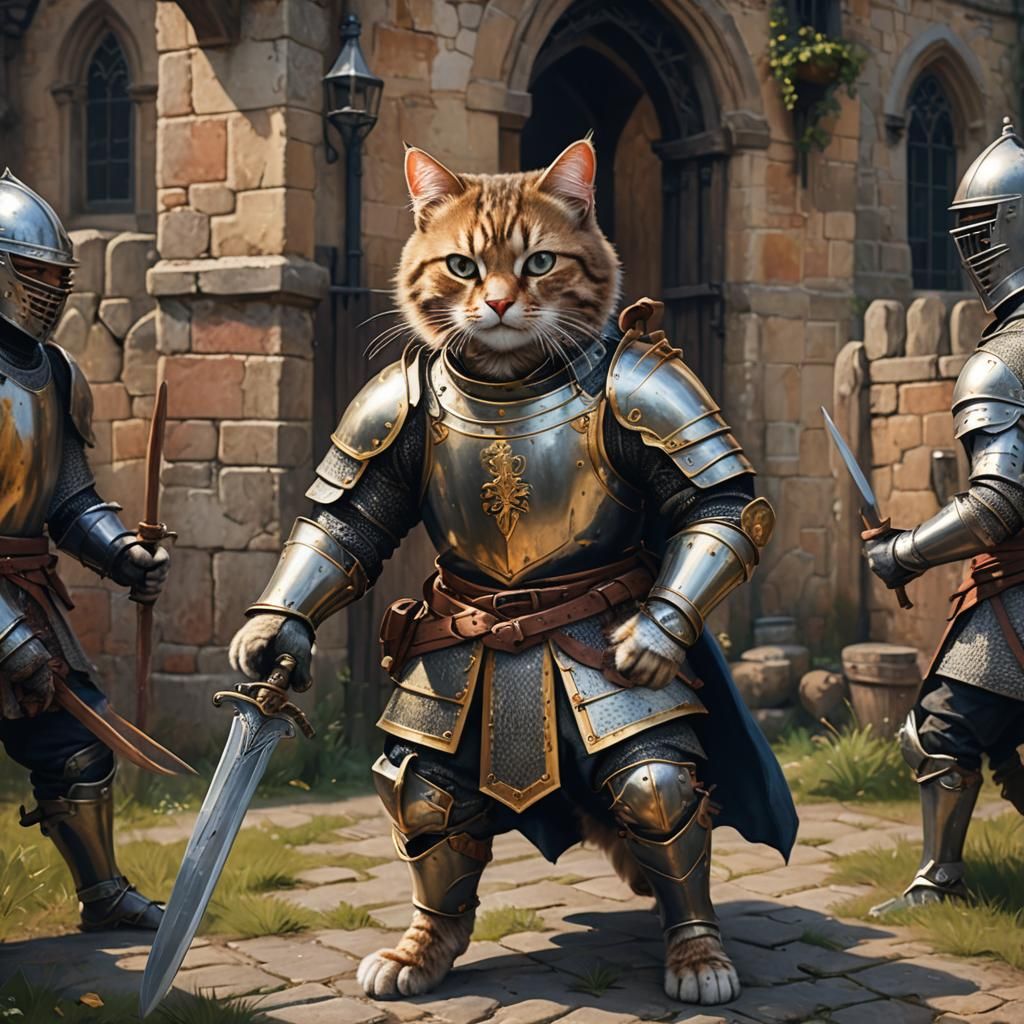 Medieval Oil Painting: Cat Fencing in Armour