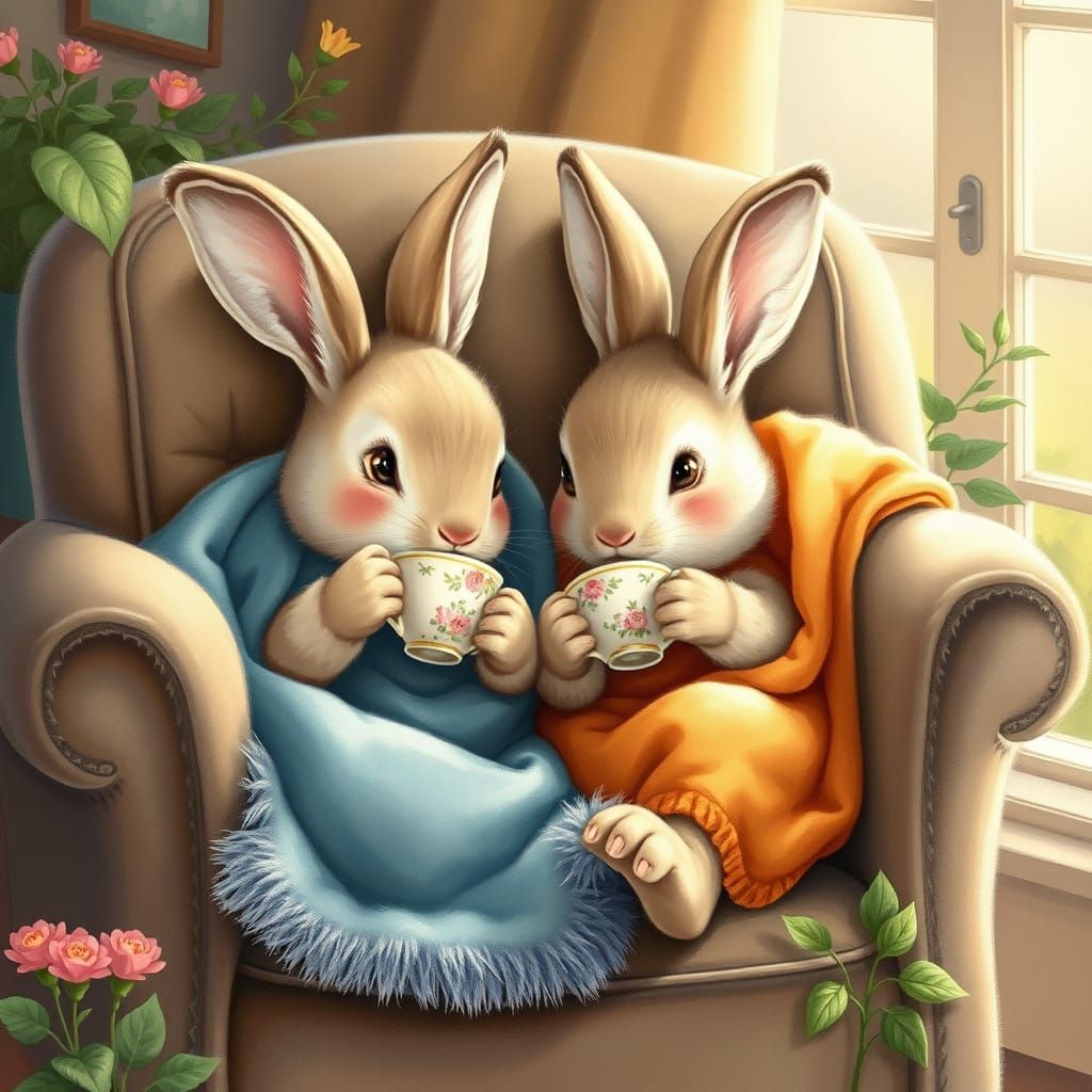 Adorable Bunnies Enjoy Tea Time in a Whimsical Setting