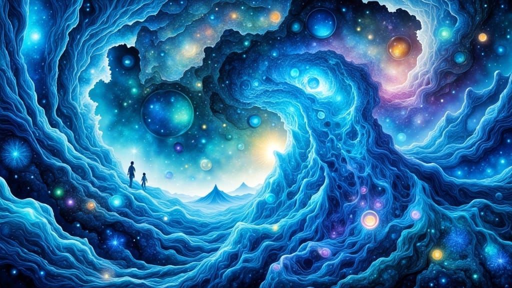 Surreal Fractal Ocean with Crystalline Fish