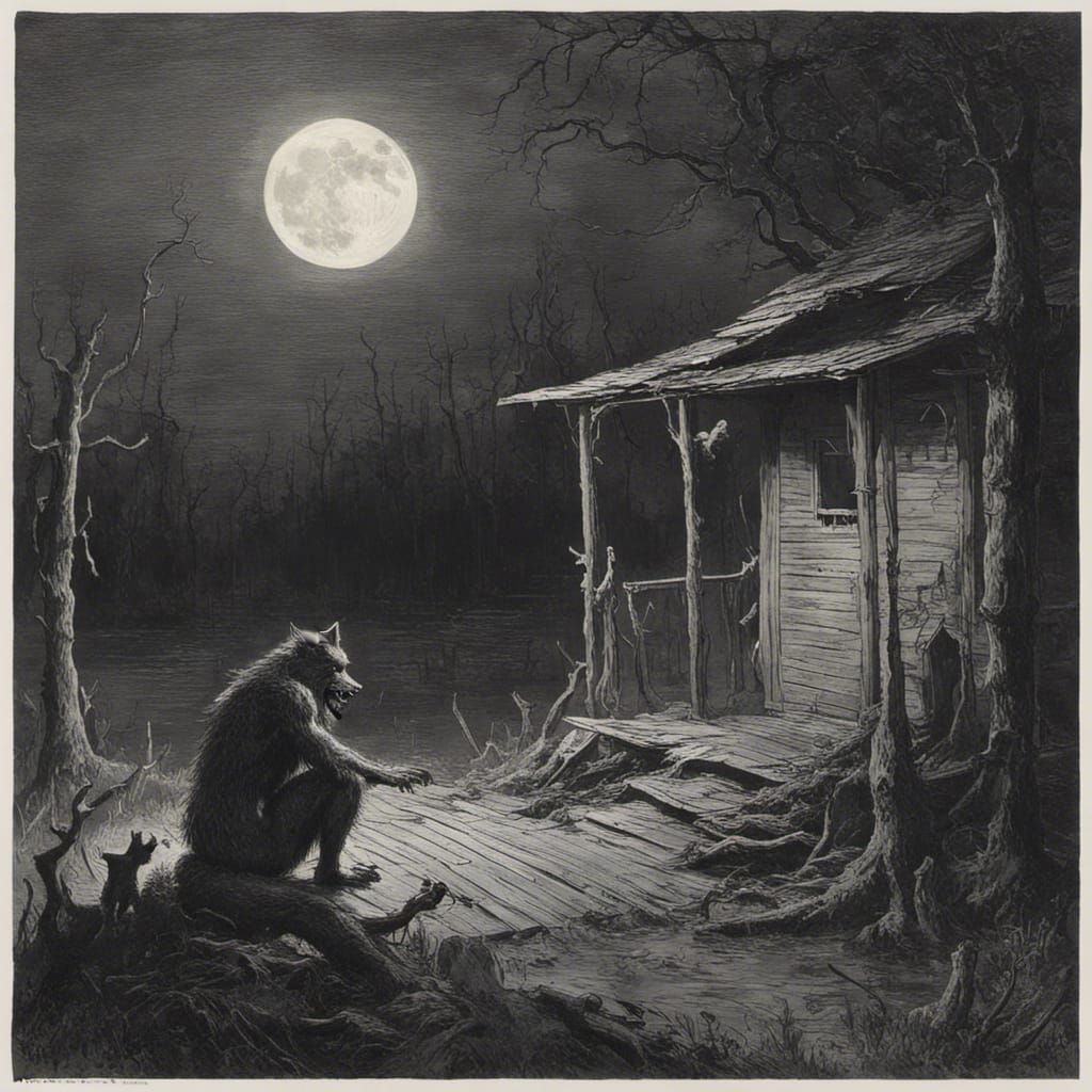 Werewolf on Swamp Shack Porch in Moonlight