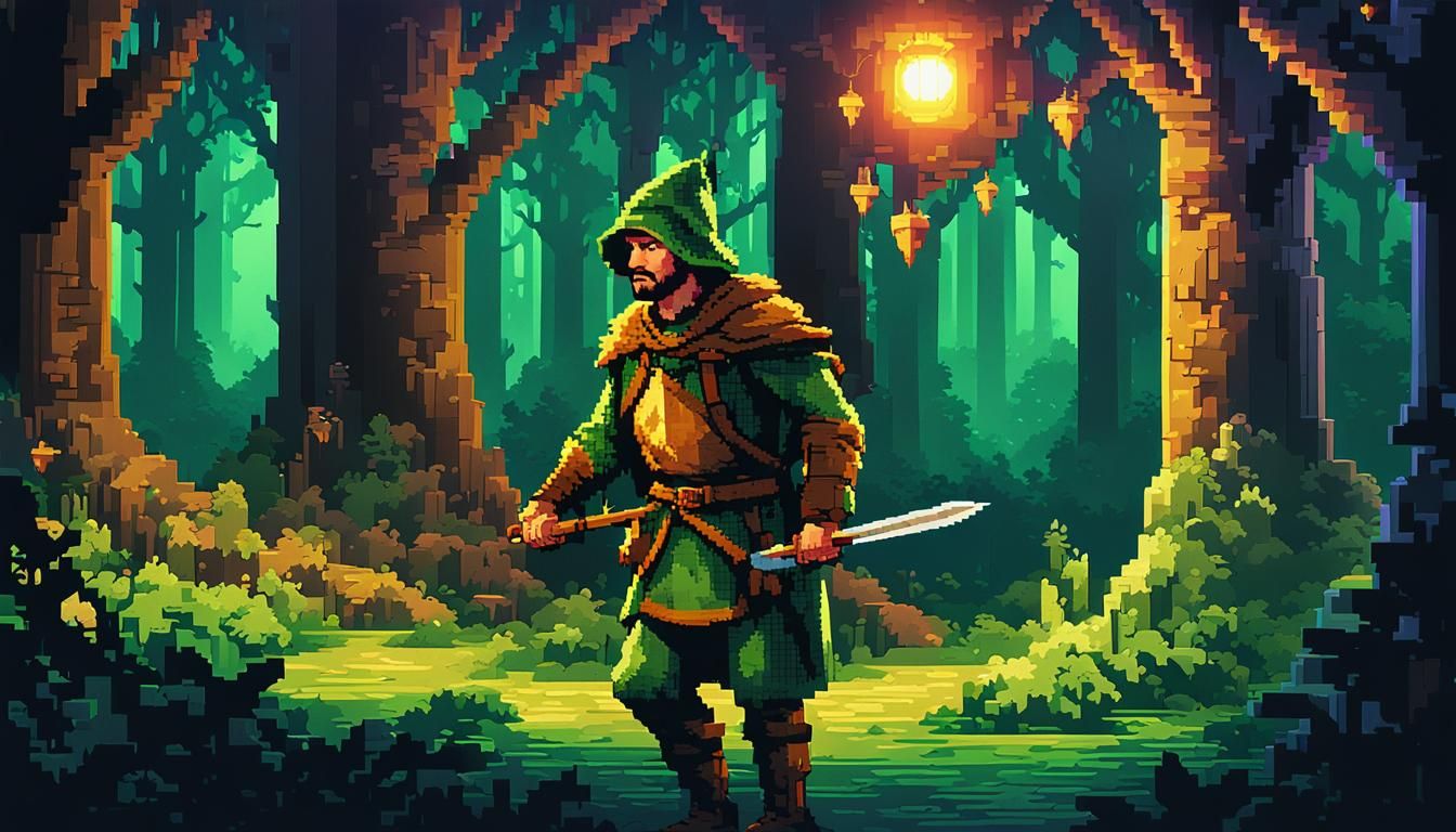 Robin Hood Pixel Art in 1980s Arcade Style
