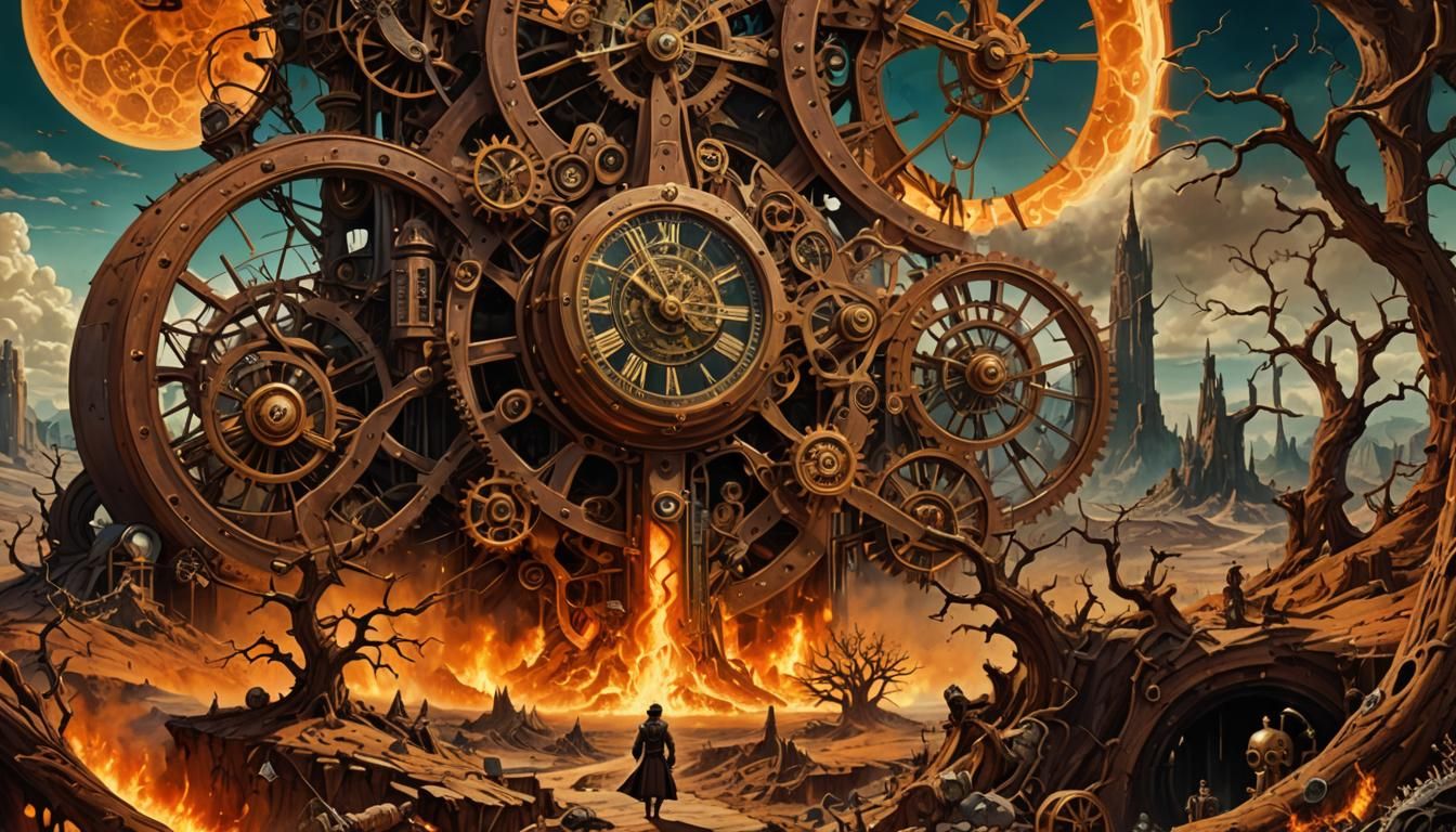 Steampunk Doomsday Clock in Surreal Landscape