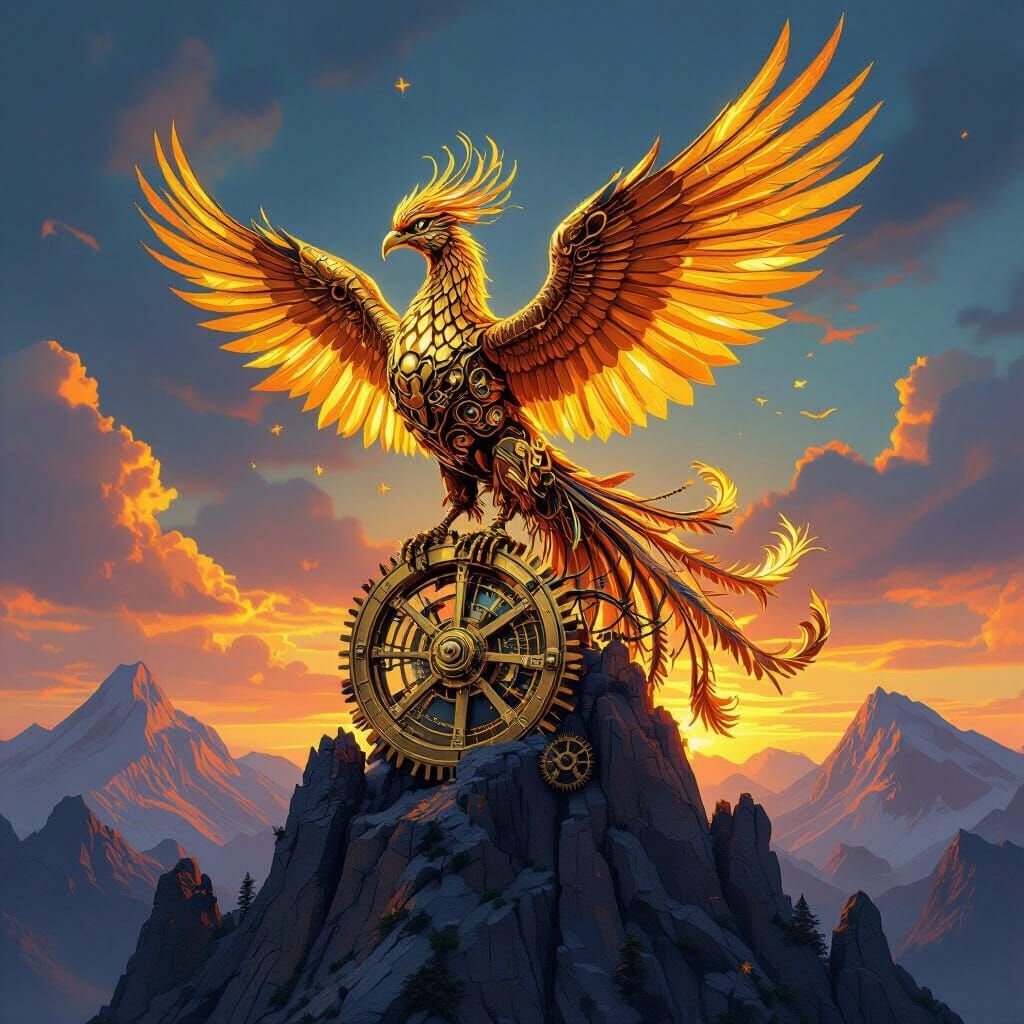 Clockwork Phoenix Perched on Cogwheel Mountain at Golden Hou...