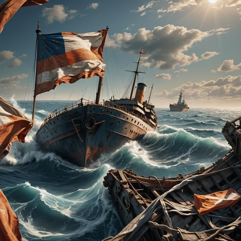 Italian Flag Over Titanic Wreck, Cinematic Underwater Scene