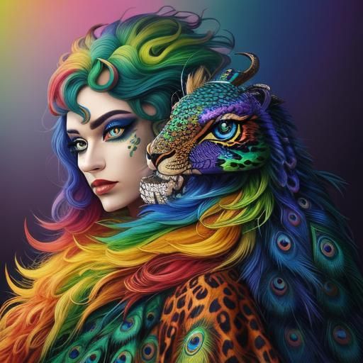 Woman with Rainbow Dragon Scales in Abstract Art
