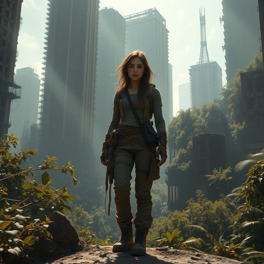 Overgrown Cityscape: Woman Amidst Nature's Reclamation