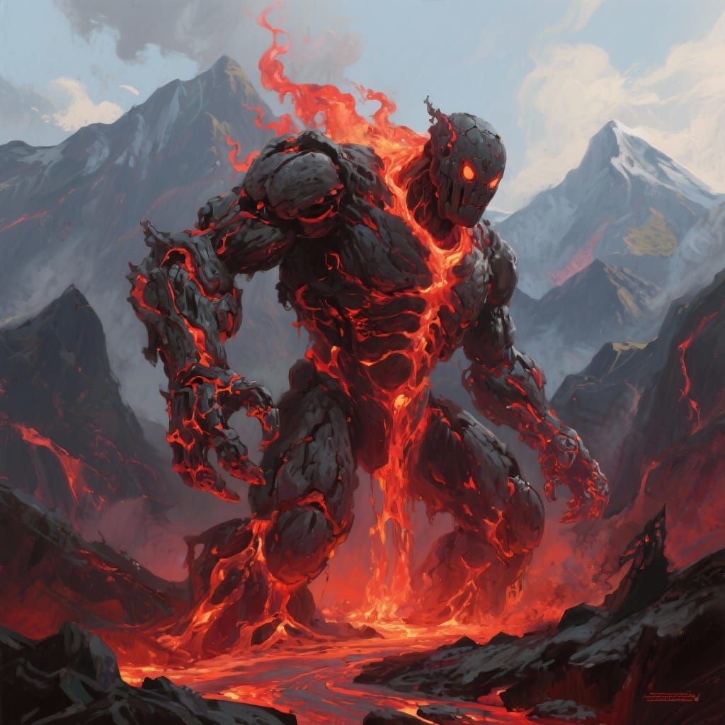 Realistic Lava Golem in Mountain Range Acrylic Paint