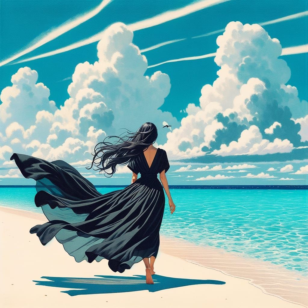 Ghibli-Inspired Woman Strolls on Maldives Beach