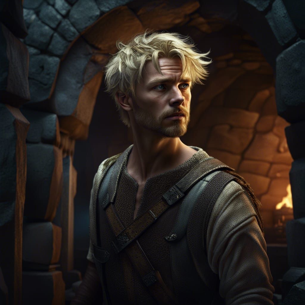 Tortured Blond Man in Stone Cellar: Detailed Matte Painting