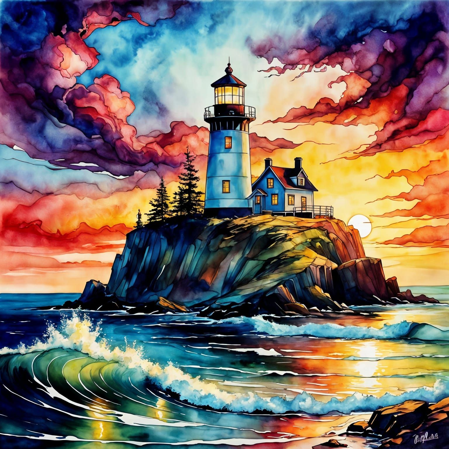 Vintage Lighthouse at Sunset: Alcohol Ink Painting