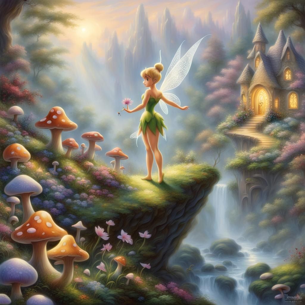 Tinkerbell in Ethereal Fantasy World with Mushrooms