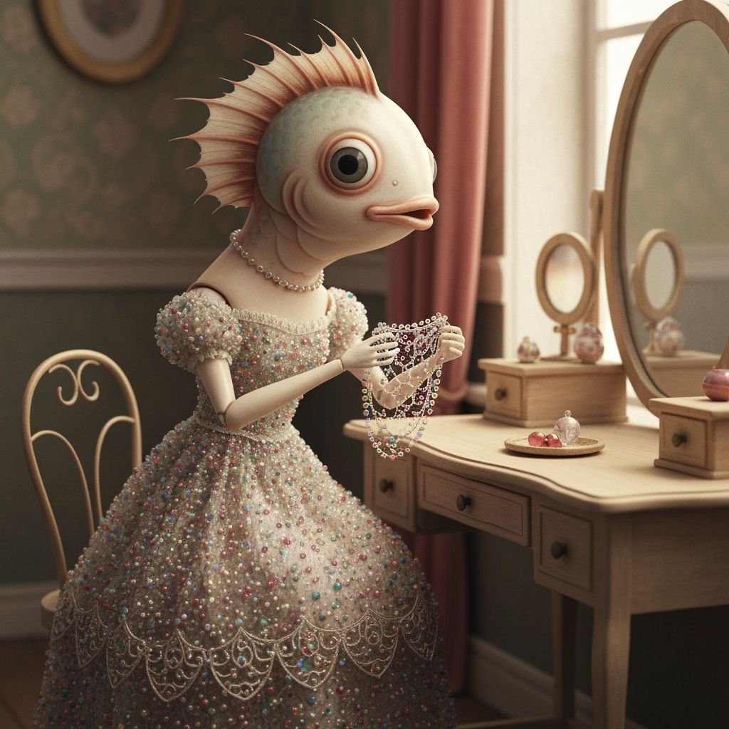 Anthropomorphic Fish Doll Prepares for Ball in Whimsical Bou...