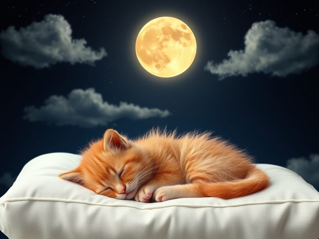 The image depicts an adorable, fluffy orange kitten peaceful...