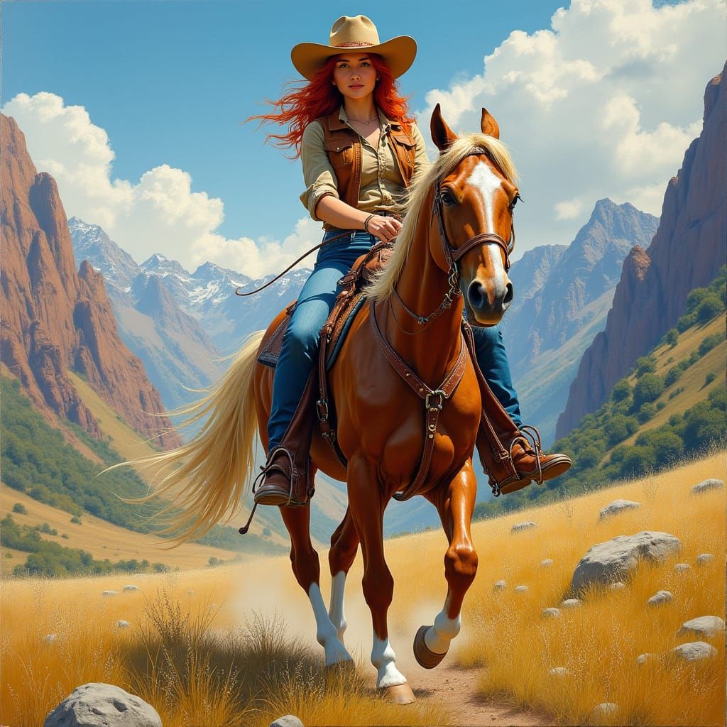 Surreal Woman Riding Horse in Colorful Meadow