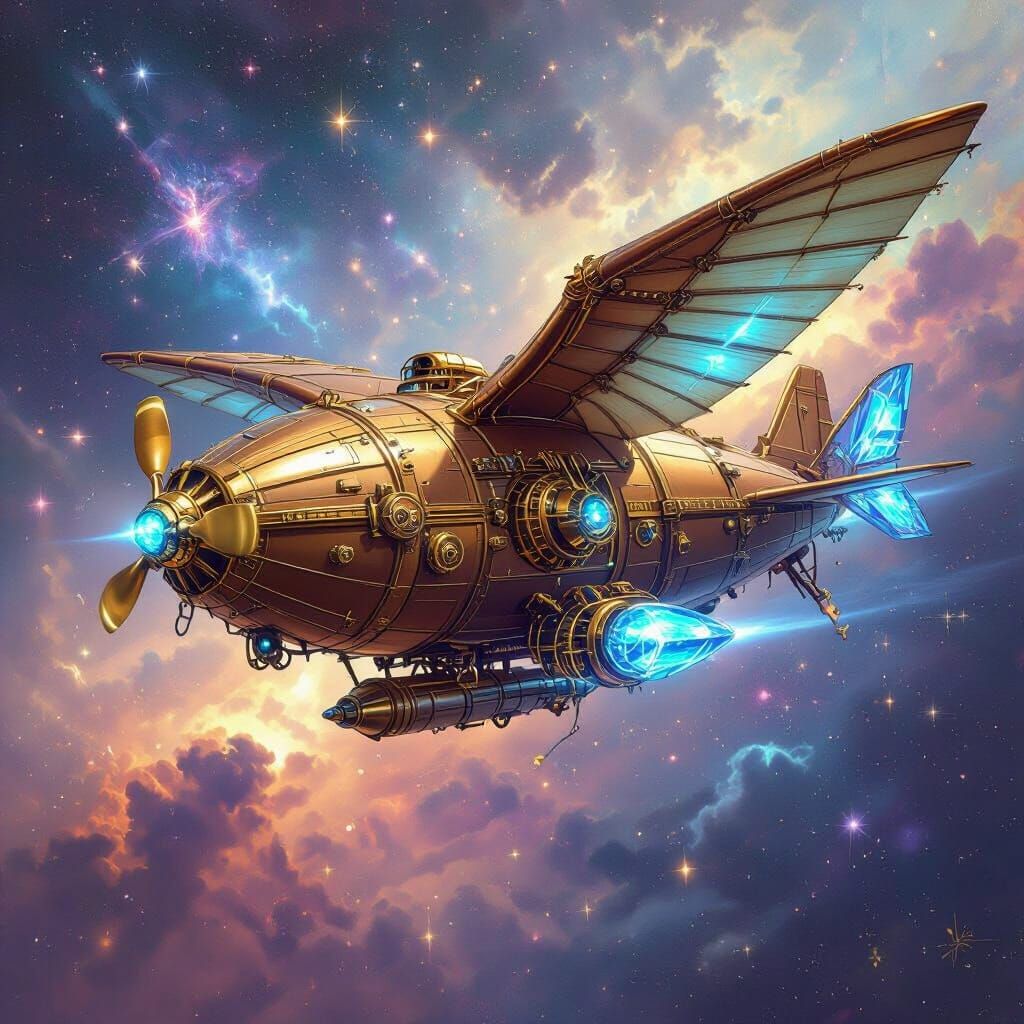 Griffin Airship Soaring Through Nebula, Steampunk Style