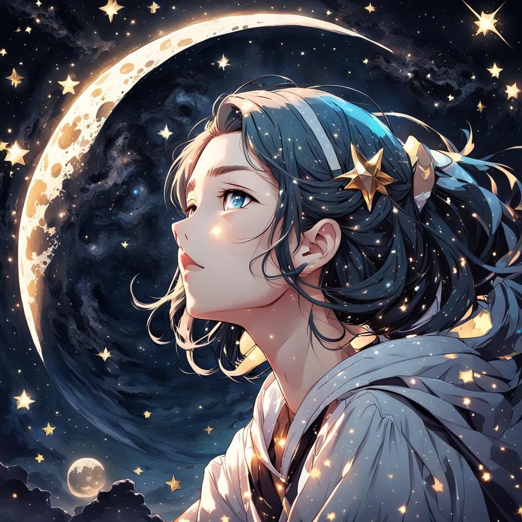 Girl on Crescent Moon Gazing at Stars in Anime Style