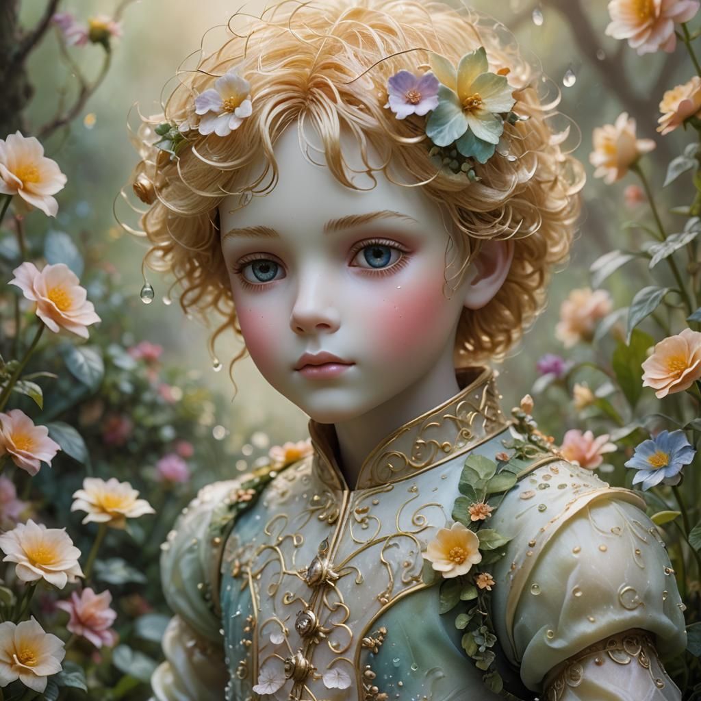 Ethereal Doll Boy in Misty Garden with Golden Light