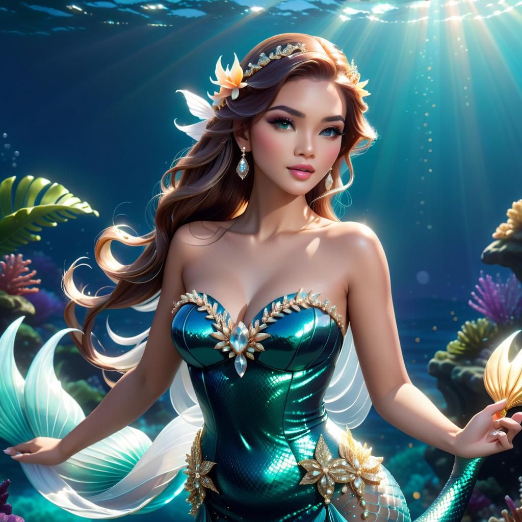 Elegant Mermaid Portrait with Sparkling Jewels in Digital Ar...