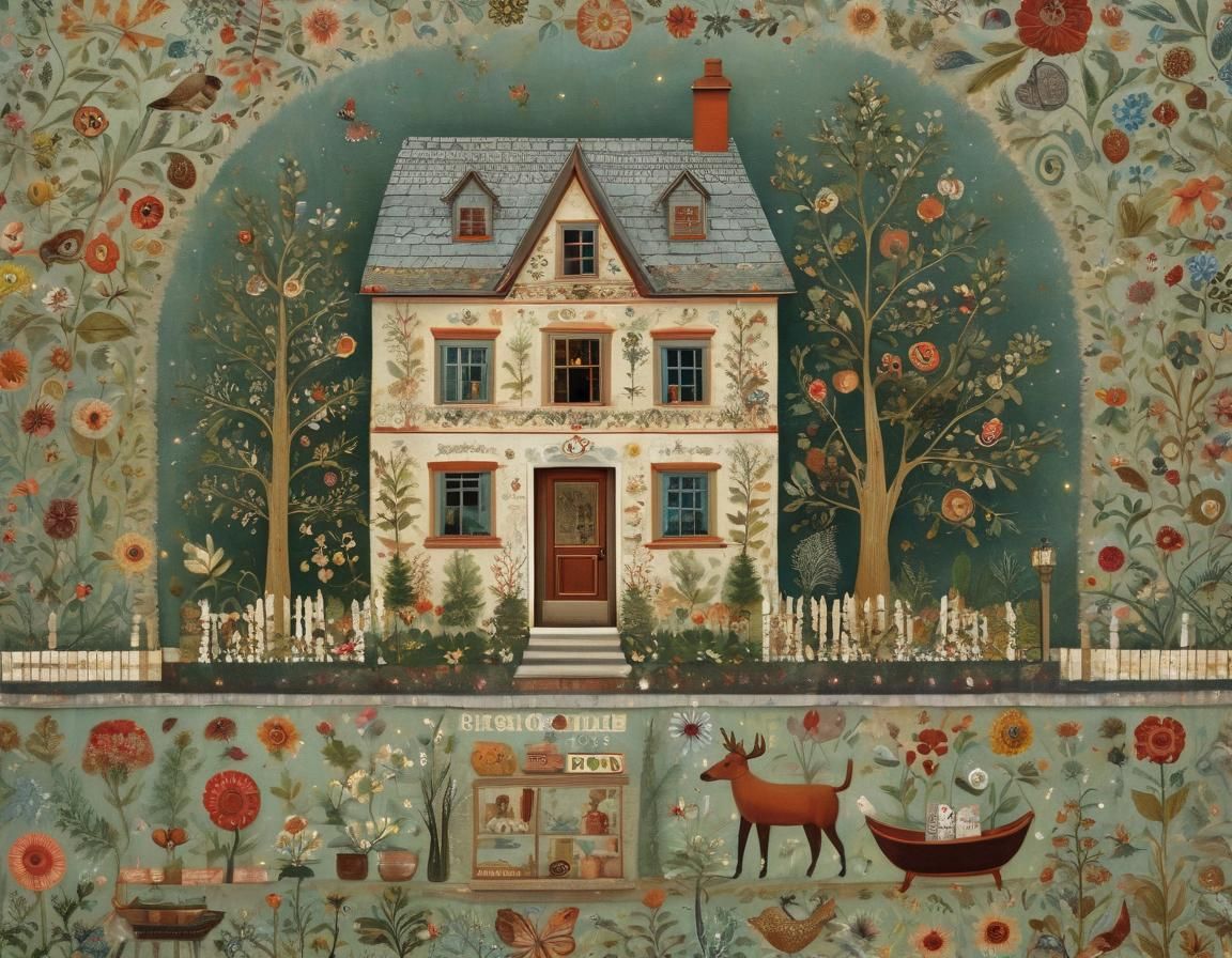 Intricate Cozy Home Scene in Traditional Art Style