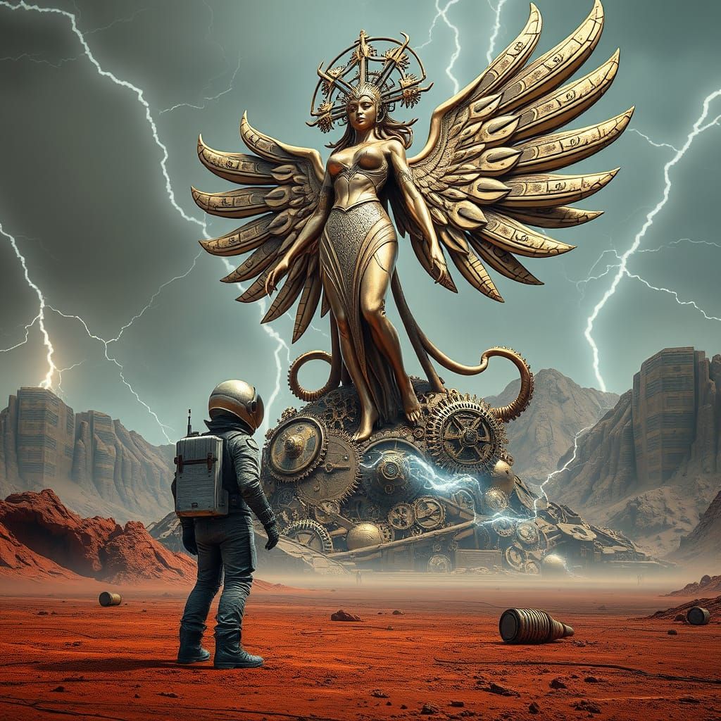 Astronaut Contemplates Steampunk Goddess on Barren Alien Pla...