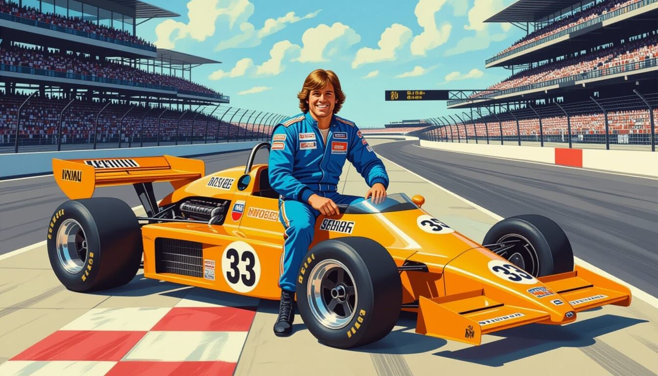 Indy 500 Race Car Driver Illustration, 1970s Style