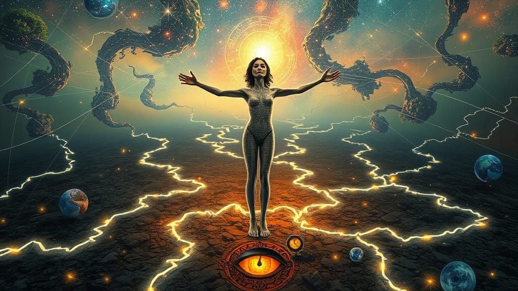 Surreal Figure Embodies Cosmic Strength and Resilience