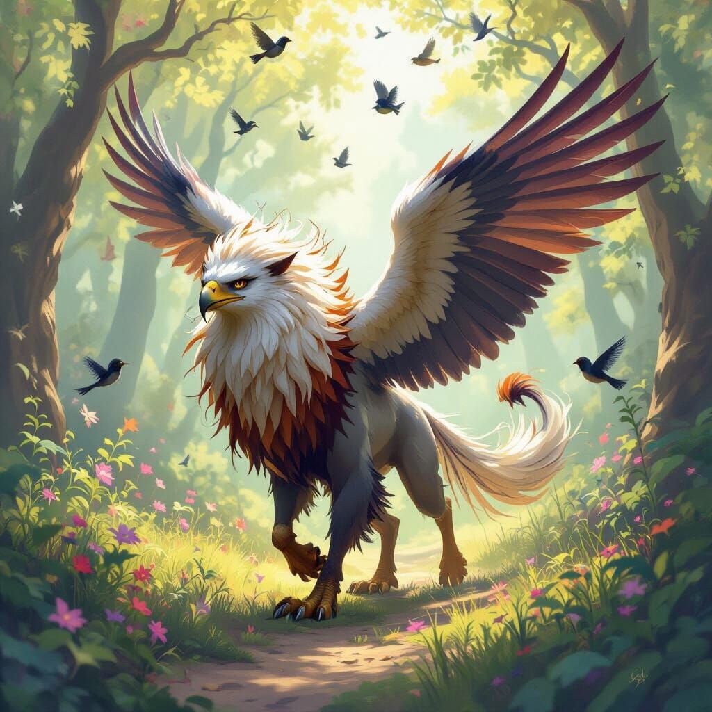 Majestic Griffin in Whimsical Forest with Dynamic Brushstrok...