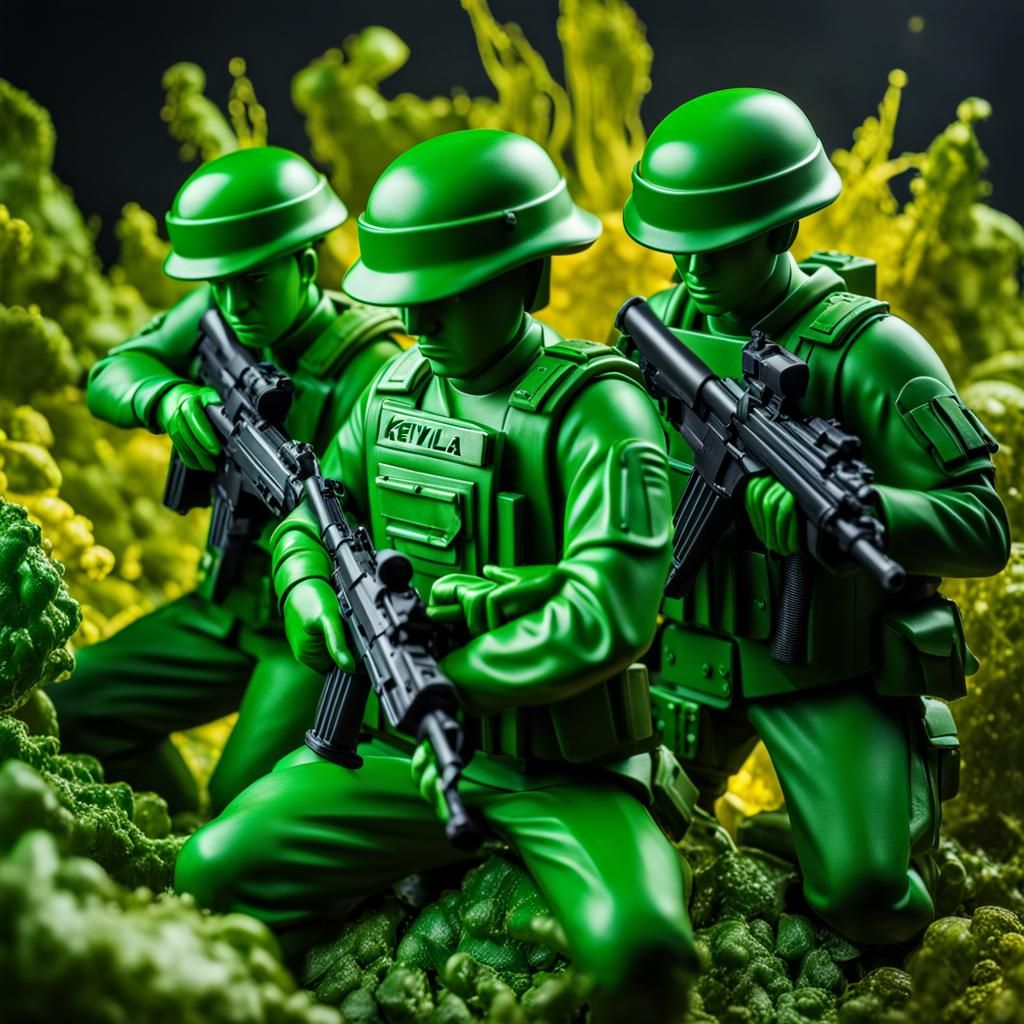 Green Army Men Guarding Kevlar in Hyperrealistic Style