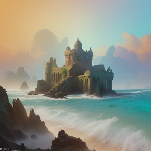 Seaside Ruin in Vibrant Fantasy Illustration Style