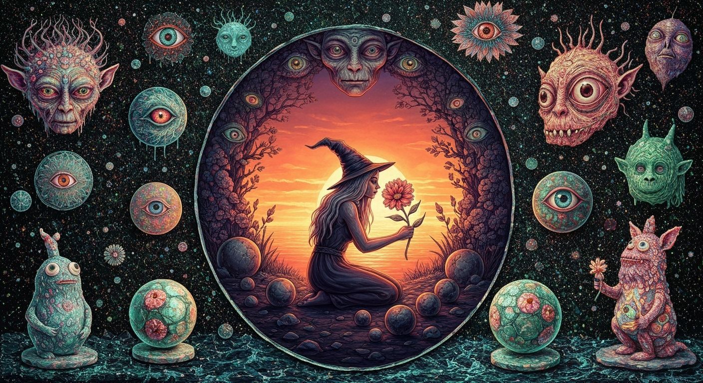 Surreal Sea Glass Sculpture of Mythical Woman with Flower