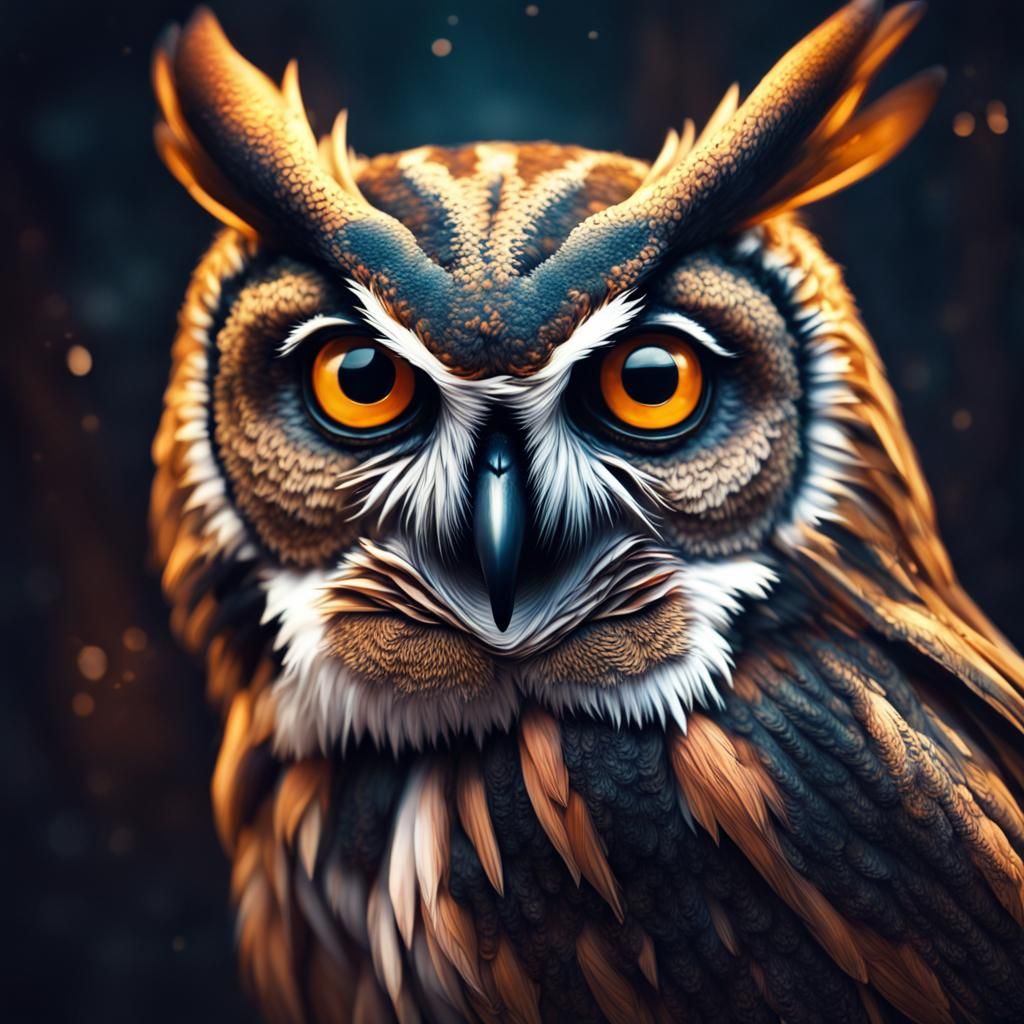 Hyperrealistic Owl Night Portrait with Creepy Eyes