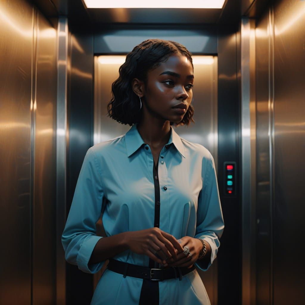 Poised Model Hesitates Before Mysterious Elevator in Hyperre...