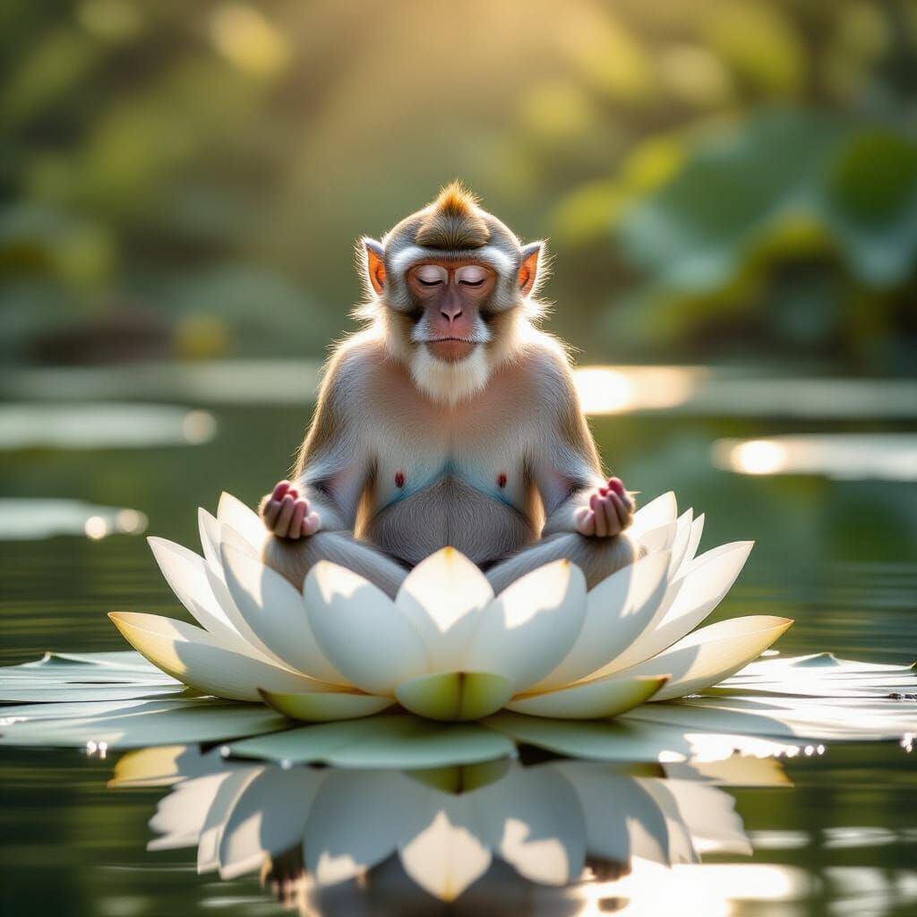 Monkey Meditating on Lotus in Serene Pond