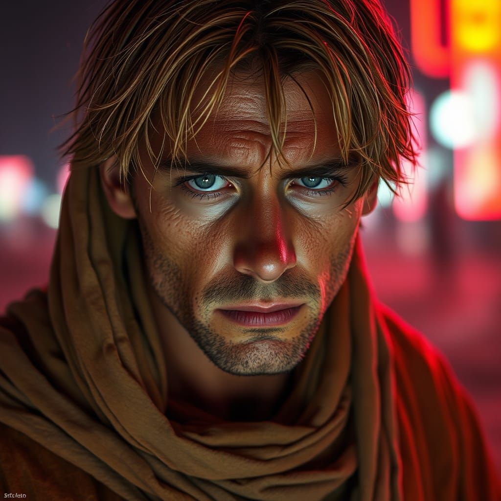 Weathered Desert Wanderer in Cyberpunk Style