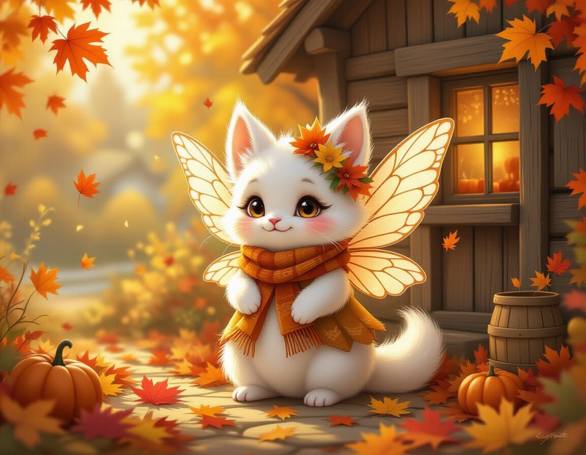 Magical Autumn Pet in Whimsical Illustration Style